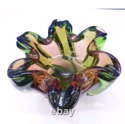 Vintage Murano Hand Blown Green & Amber Art Glass Centerpiece Bowl