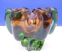 Vintage Murano Hand Blown Green & Amber Art Glass Centerpiece Bowl