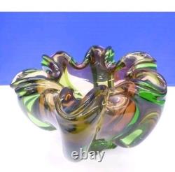 Vintage Murano Hand Blown Green & Amber Art Glass Centerpiece Bowl