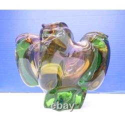 Vintage Murano Hand Blown Green & Amber Art Glass Centerpiece Bowl