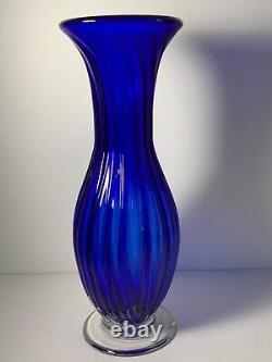 Vintage Murano Hand Blown Indigo Pleated Swirled Glass Vase 12 in