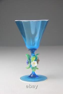 Vintage Murano Hand Blown Light Blue Goblet Chalice Floral Decorated Stem