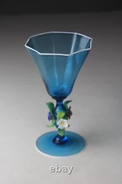 Vintage Murano Hand Blown Light Blue Goblet Chalice Floral Decorated Stem