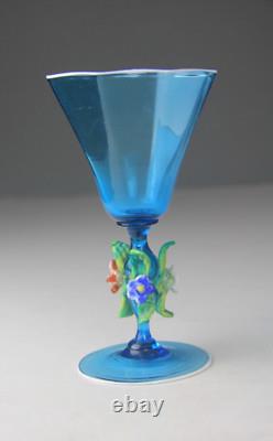 Vintage Murano Hand Blown Light Blue Goblet Chalice Floral Decorated Stem