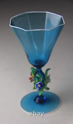Vintage Murano Hand Blown Light Blue Goblet Chalice Floral Decorated Stem