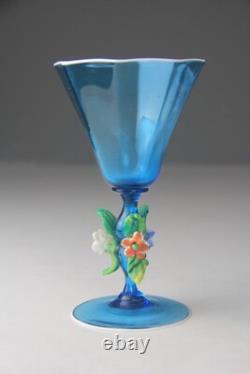 Vintage Murano Hand Blown Light Blue Goblet Chalice Floral Decorated Stem