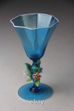 Vintage Murano Hand Blown Light Blue Goblet Chalice Floral Decorated Stem