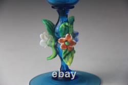 Vintage Murano Hand Blown Light Blue Goblet Chalice Floral Decorated Stem