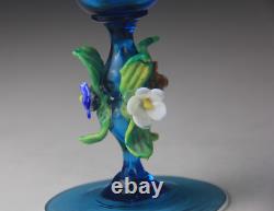 Vintage Murano Hand Blown Light Blue Goblet Chalice Floral Decorated Stem