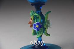 Vintage Murano Hand Blown Light Blue Goblet Chalice Floral Decorated Stem
