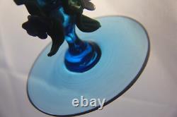 Vintage Murano Hand Blown Light Blue Goblet Chalice Floral Decorated Stem