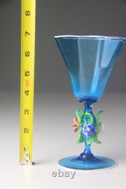 Vintage Murano Hand Blown Light Blue Goblet Chalice Floral Decorated Stem