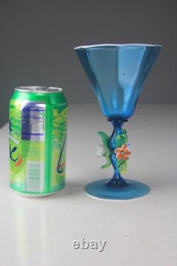 Vintage Murano Hand Blown Light Blue Goblet Chalice Floral Decorated Stem