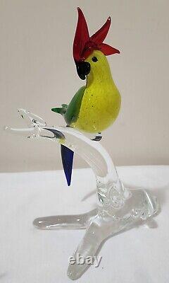 Vintage Murano Hand Blown Parrot Art Glass Bird Statue on a branch 12.5 Tall