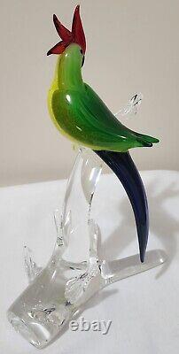Vintage Murano Hand Blown Parrot Art Glass Bird Statue on a branch 12.5 Tall