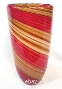 Vintage Murano Hand Blown Red & Gold Yellow Swirl Vase Crisrtalleria Collection
