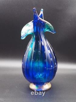 Vintage Murano Hand Blown Turquoise Blue Glass Vase Controlled Bubbles Italy