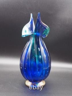 Vintage Murano Hand Blown Turquoise Blue Glass Vase Controlled Bubbles Italy