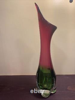 Vintage Murano Hand-Blown Two Tone Art Green Pink Glass Vase Italy