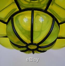 Vintage Murano Hand Blown Yellow Caged Glass Lantern Hanging Ceiling Light