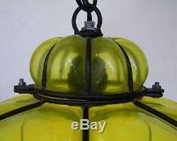 Vintage Murano Hand Blown Yellow Caged Glass Lantern Hanging Ceiling Light