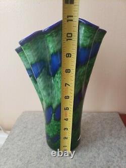 Vintage Murano Hand blown Cobalt Blue & Green Glass Handkerchief Vase Italy