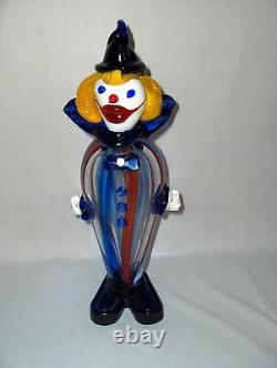 Vintage Murano Italy Hand Blown Glass Blue & Red On Clear Clown Figurine