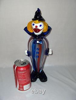 Vintage Murano Italy Hand Blown Glass Blue & Red On Clear Clown Figurine