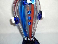 Vintage Murano Italy Hand Blown Glass Blue & Red On Clear Clown Figurine