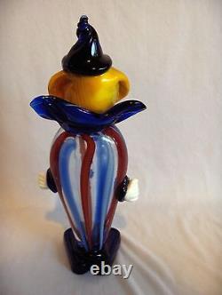 Vintage Murano Italy Hand Blown Glass Blue & Red On Clear Clown Figurine