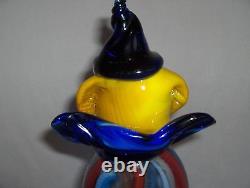 Vintage Murano Italy Hand Blown Glass Blue & Red On Clear Clown Figurine