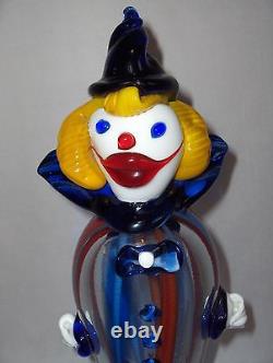 Vintage Murano Italy Hand Blown Glass Blue & Red On Clear Clown Figurine