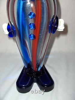 Vintage Murano Italy Hand Blown Glass Blue & Red On Clear Clown Figurine