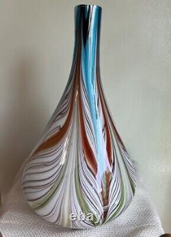 Vintage Murano LARGE Fluid Feathered Bulbous Hand blown Vase 16.5 Tall WOW