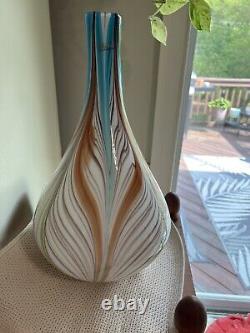 Vintage Murano LARGE Fluid Feathered Bulbous Hand blown Vase 16.5 Tall WOW