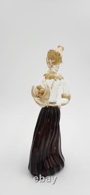 Vintage Murano Lady with Fruit Basket Hand Blown Art Glass figurine Gold flecks