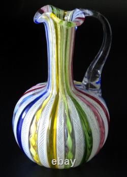 Vintage Murano Latticino Art Glass Pitcher Cruet Zanfirico Ribbon Italy 5.5 MINT