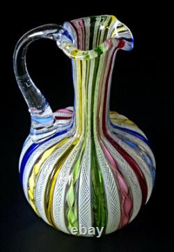 Vintage Murano Latticino Art Glass Pitcher Cruet Zanfirico Ribbon Italy 5.5 MINT