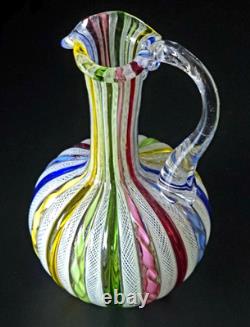 Vintage Murano Latticino Art Glass Pitcher Cruet Zanfirico Ribbon Italy 5.5 MINT