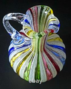 Vintage Murano Latticino Art Glass Pitcher Cruet Zanfirico Ribbon Italy 5.5 MINT