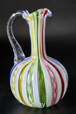 Vintage Murano Latticino Art Glass Pitcher Cruet Zanfirico Ribbon Italy 5.5 MINT