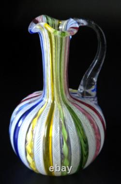 Vintage Murano Latticino Art Glass Pitcher Cruet Zanfirico Ribbon Italy 5.5 MINT