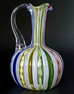 Vintage Murano Latticino Art Glass Pitcher Cruet Zanfirico Ribbon Italy 5.5 MINT