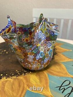 Vintage Murano Millefiori Venetian Hand Blown Art Glass Handkerchief Vase Gold