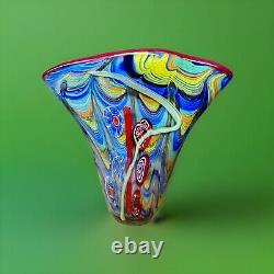 Vintage Murano Multicolor Hand blown Millefiori Italian Glass Fan Vase Read