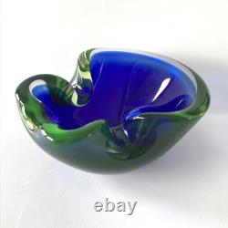 Vintage Murano Sommerso Art Glass Bowl Blue & Green Cased Hand Blown Dish Mid