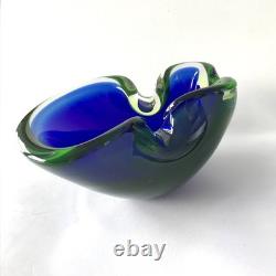 Vintage Murano Sommerso Art Glass Bowl Blue & Green Cased Hand Blown Dish Mid