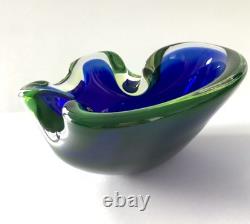 Vintage Murano Sommerso Art Glass Bowl Blue & Green Cased Hand Blown Dish Mid