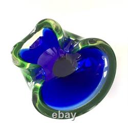 Vintage Murano Sommerso Art Glass Bowl Blue & Green Cased Hand Blown Dish Mid