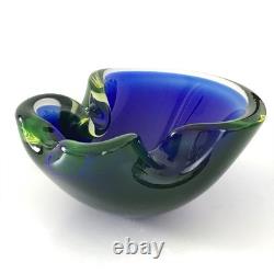 Vintage Murano Sommerso Art Glass Bowl Blue & Green Cased Hand Blown Dish Mid